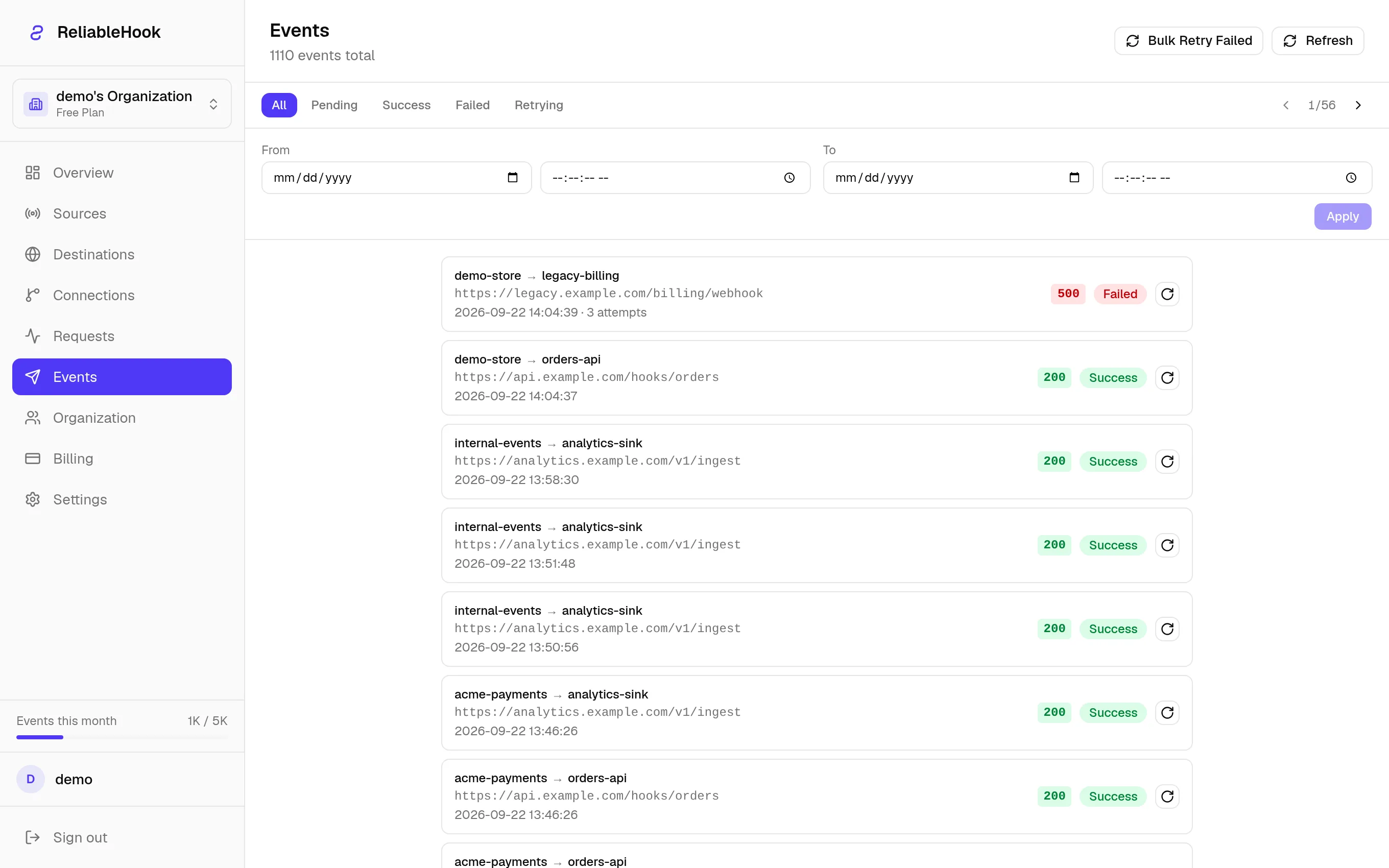 ReliableHook events list: each delivery shows its source, destination, target URL, HTTP status code, attempt count and timestamp, filterable by pending, success, failed or retrying.