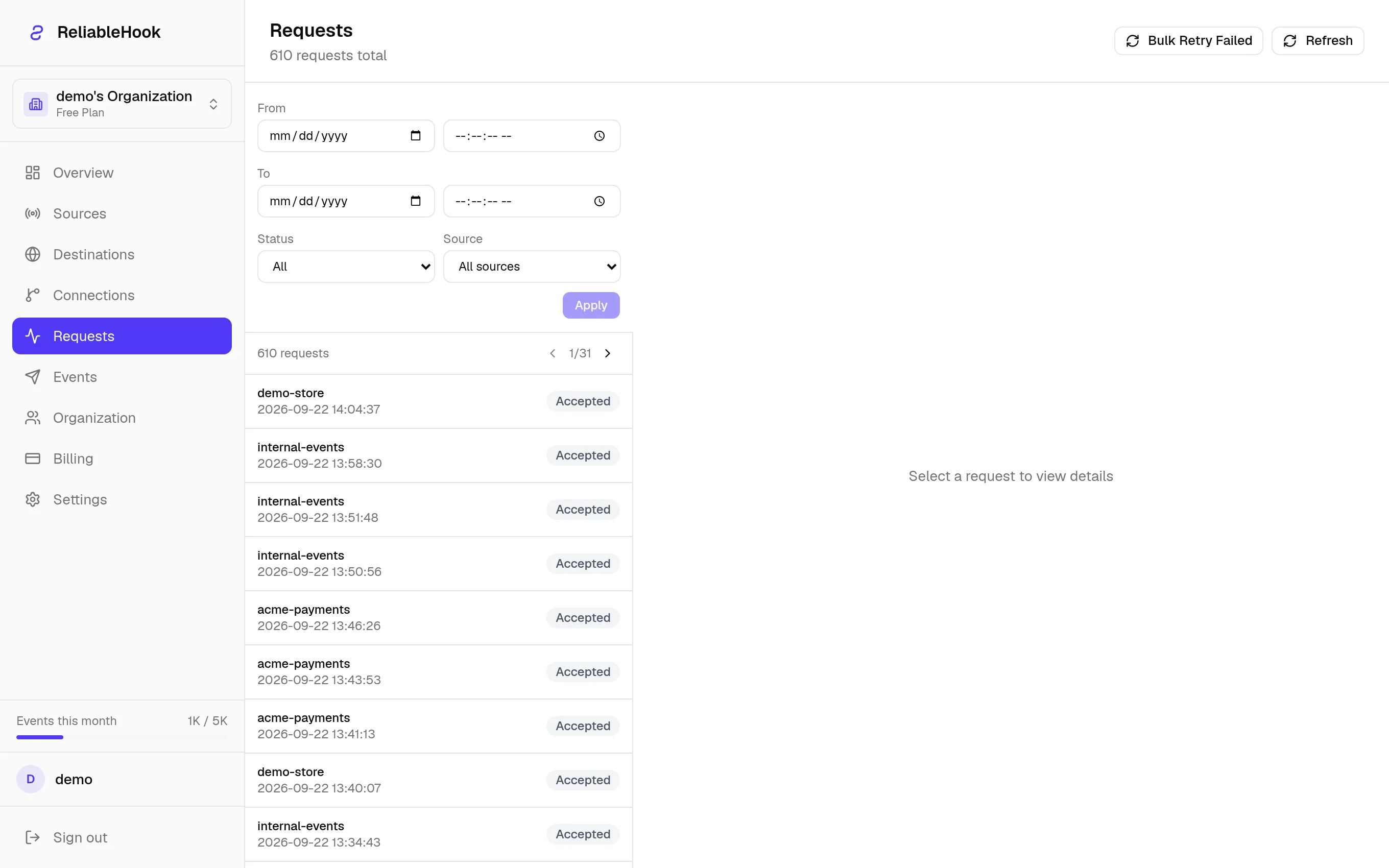 ReliableHook requests list: every webhook received, showing its source, status, and arrival time, with filters and a date range.
